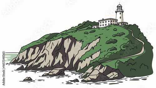 Vector art of scenic lighthouse on a coastal cliff island with rocky shore