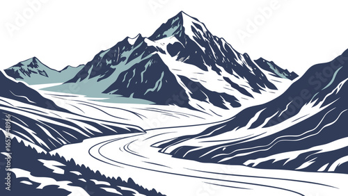Vector art of snowy mountain landscape, a majestic and serene scene with towering peaks and icy valleys in winter season