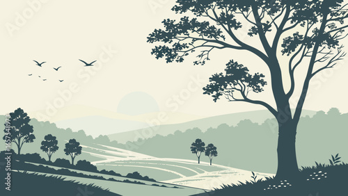 Vector art of tranquil landscape with a majestic tree silhouetted against rolling hills, creating a serene and peaceful atmosphere