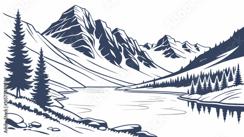 Vector art of tranquil mountain lake landscape with towering peaks and lush forests, a peaceful nature scene