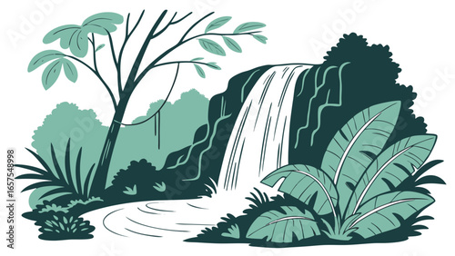 Vector art of tropical waterfall landscape with lush vegetation and clear water
