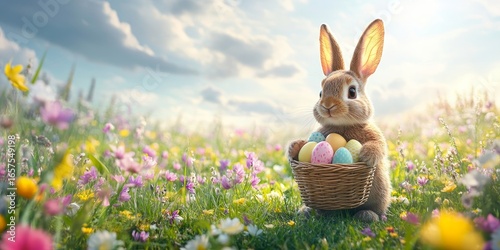 Easter Bunny holding a basket of chocolate eggs in a beautiful spring meadow full of flowers on a sunny day, with a bright blue sky overhead, Generative AI