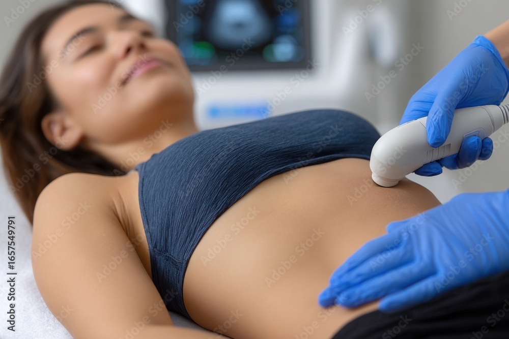 Obraz premium Doctor using ultrasound scanner on abdomen of female patient lying relaxed during medical examination in clinic