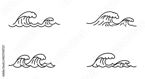 A set of four different wave designs in a simple line drawing style silhouette