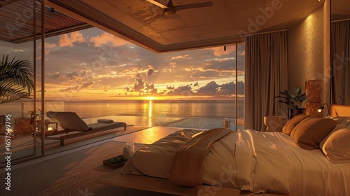 Wallpaper Mural Bedroom view overlooking ocean at sunset with bed chaise lounge and palm tree visible outside glass doors Torontodigital.ca