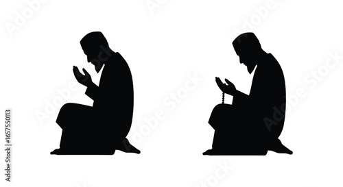 Silhouette of two people kneeling in prayer or meditation on white background