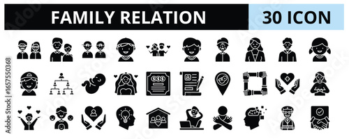 30 Family Relation Glyph Icons Vector - Parent, Children, Grandparent, Uncle, Aunt, Marriage, Sibling 