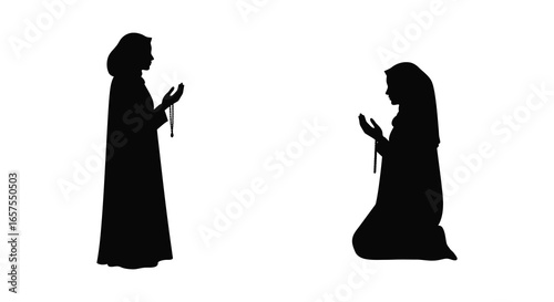 Silhouette of a person praying and another person kneeling in prayer together