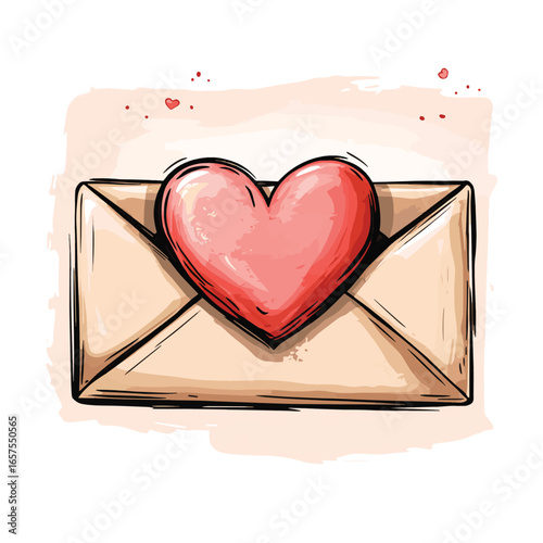 Hand drawn love letter with heart clipart illustration. Valentine's day love message. Stock vector doodle illustration isolated on white background