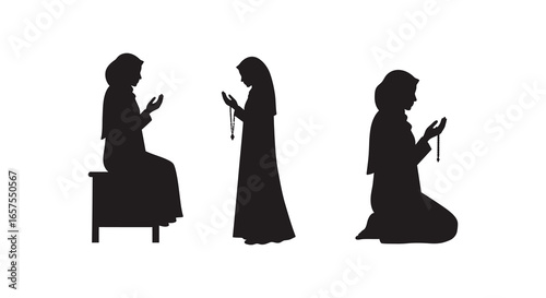 Silhouettes of people praying in different positions with religious texts