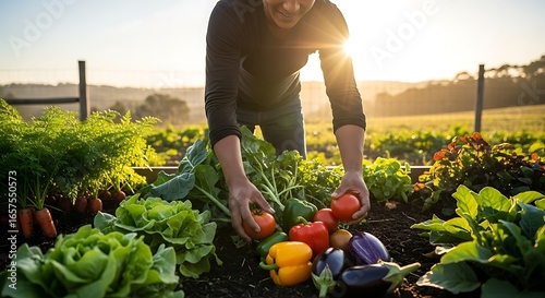 Harvesting fresh organic vegetables in a vibrant garden at sunset showcasing sustainable living and healthy eating habits