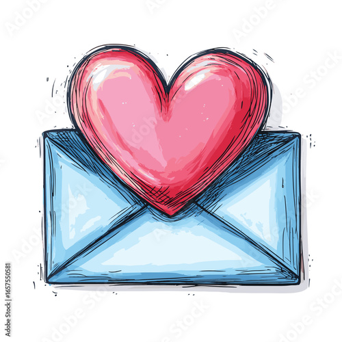 Hand drawn love letter with heart clipart illustration. Valentine's day love message. Stock vector doodle illustration isolated on white background