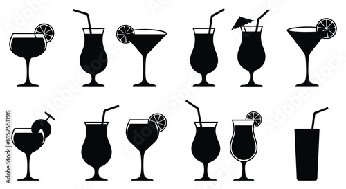Collection of black silhouettes of various cocktails and glasses with straws and garnishes