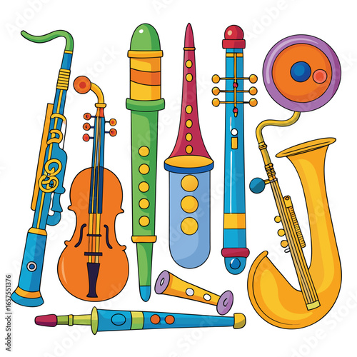 Vibrant Musical Instruments: A Colorful Collection of Saxophones, Violins, and More