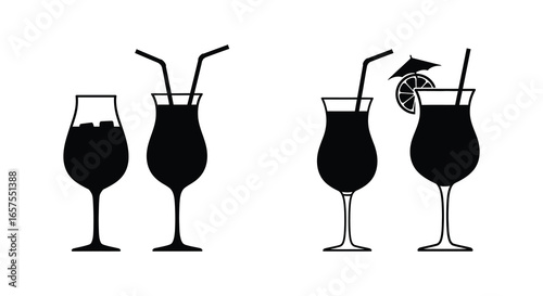 Black silhouettes of various cocktail glasses with straws and garnishes on white background