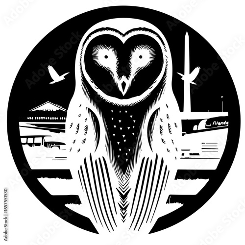 Stylized owl illustration with washington d c monuments and birds in a circular black setting