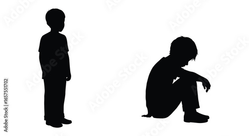 Two black silhouettes of children standing and sitting in a contrasting pose