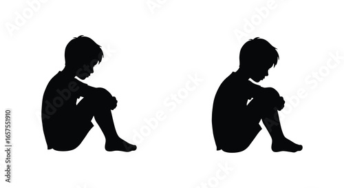 Two boys sitting in sad or contemplative poses in black silhouette