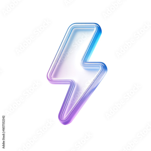 Glassy lightning bolt with blue and purple gradient on transparent background for design