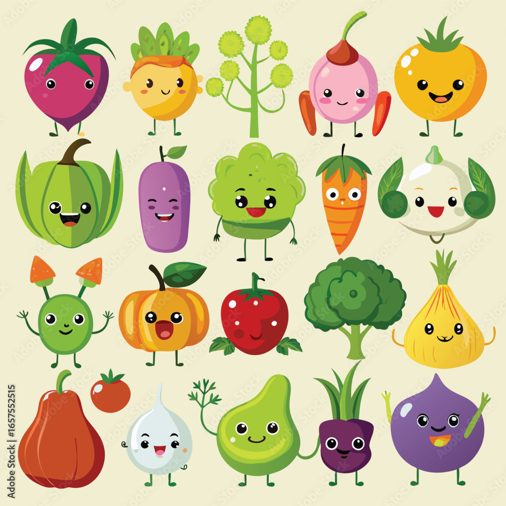 Fototapeta premium Cute Pixel Art Vegetables: A Delightful Collection of Cartoon Produce