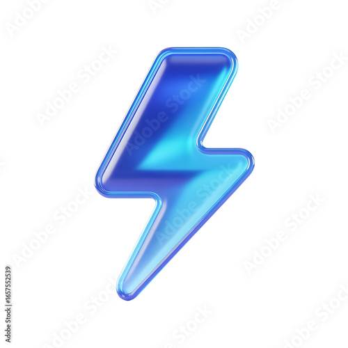 Glossy blue lightning bolt icon with glass effect on transparent background render