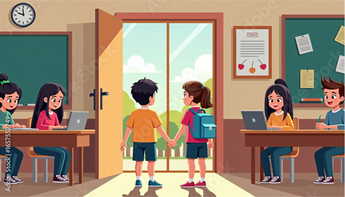 Two kids holding hands entering a classroom, greeted by classmates engaged in various activities on a bright day

