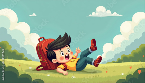 A playful boy in a yellow T-shirt is happily rolling on the grass with a school backpack on a sunny day

