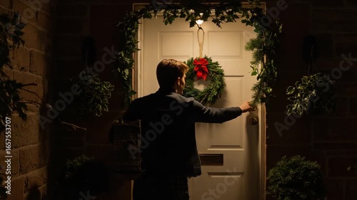 Person knocking on a decorated door during holidays