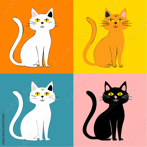 Firefly Four minimalist cat silhouettes in a grid layout, each with a stylized curved tail and simple charm, in vibrant color blocks