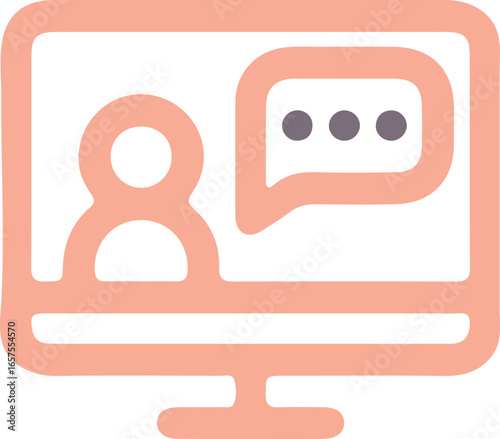 Simple peach-colored icon of a computer screen displaying a video call conversation, featuring a generic person and a chat bubble