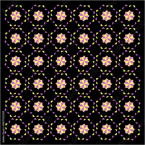 Circular mandalas align in harmony, weaving yellow and violet starbursts on black canvas, forming hypnotic symmetry with endless radiant repetition.