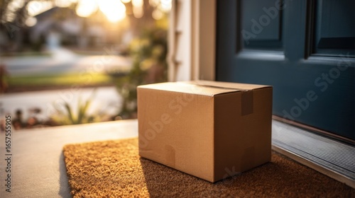 Close-up of a cardboard delivery box sitting on a welcome mat outside front door.