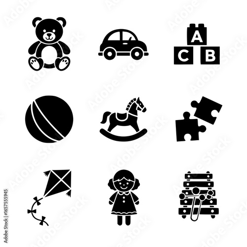 Charming collection of classic children's toys including a teddy bear, car, blocks, ball, rocking horse, puzzle, kite, doll, and xylophone