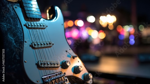 Close-up of an electric guitar with a vibrant blue body and intricate control knobs, set against a blurred colorful cityscape background at night, capturing a lively musical atmosphere
