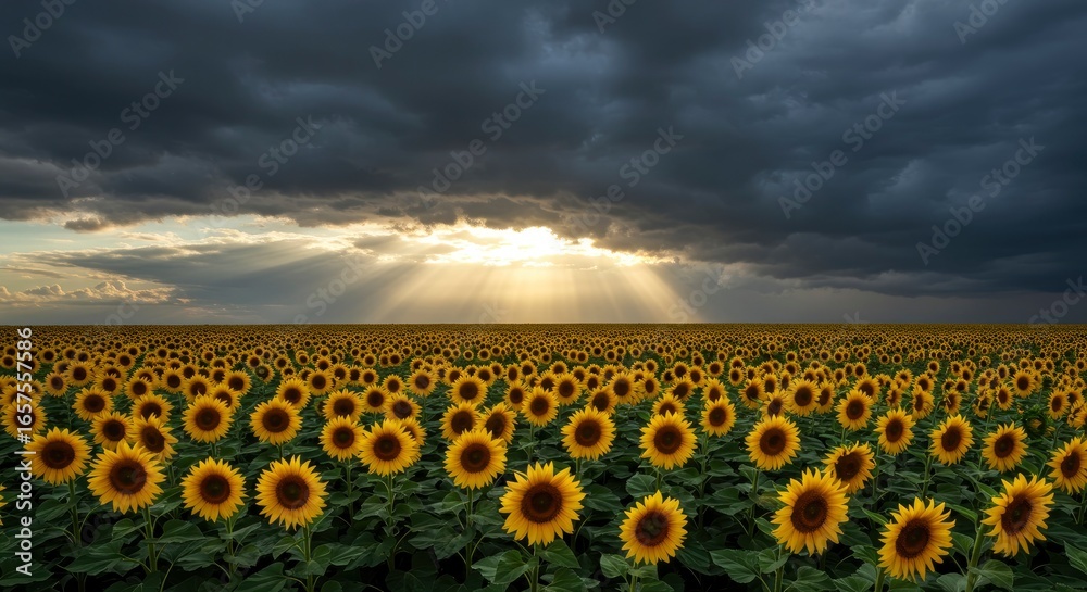 Fototapeta premium Sunflower field under dramatic sky sun rays piercing clouds