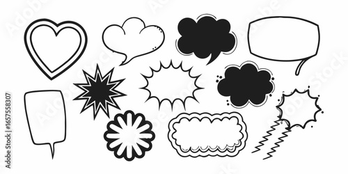 Collection of hand drawn speech bubbles and thought bubbles in various shapes and styles on a white background on transparent background