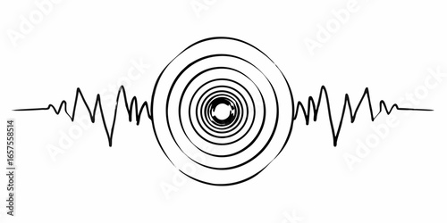 Abstract illustration of concentric circles with jagged lines emanating from both sides in black and white on transparent background