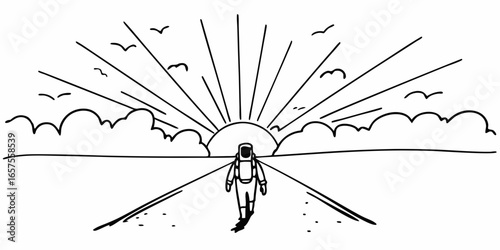 Astronaut walking towards a sunrise with birds and clouds in a black and white line drawing style on transparent background