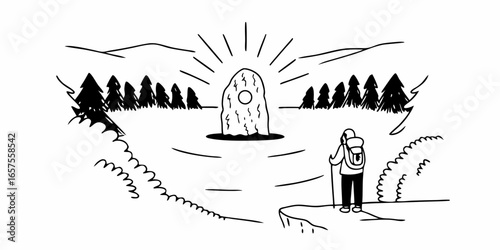 A hiker approaches a standing stone with a hole in it surrounded by trees and mountains in black and white on transparent background