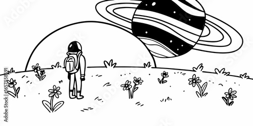 Astronaut standing on a floral planet with a ringed planet on the horizon in a black and white drawing on transparent background
