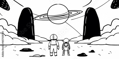 Two astronauts on a planet surface looking at saturn with monoliths and clouds in a black and white drawing on transparent background