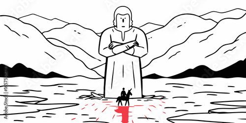 A lone rider on a horse approaches a giant figure in a mountainous landscape with red markings on the ground on transparent background