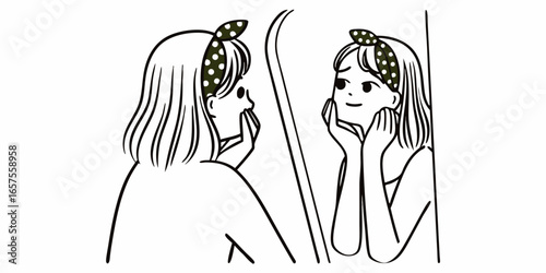 Woman with a polka dot headband looking at herself in a mirror with a happy expression on her face on transparent background