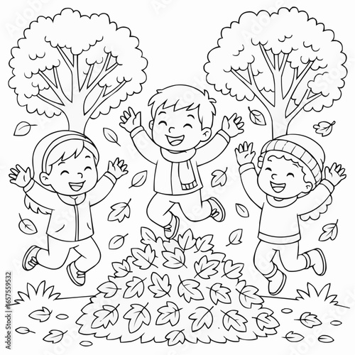 Coloring page for kids - Children playing joyfully in autumn leaves under trees  