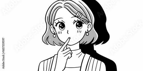 Monochrome drawing of a young woman with finger to lips asking for silence and a shadow behind her on transparent background
