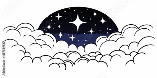 Illustration of a night sky with stars behind clouds in a semi circle shape at the top of the image on transparent background