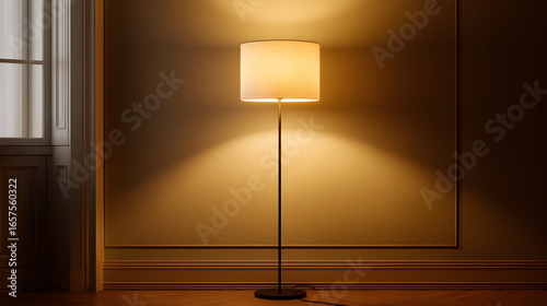Illuminated floor lamp with shade in a room interior, creating a warm and cozy ambiance