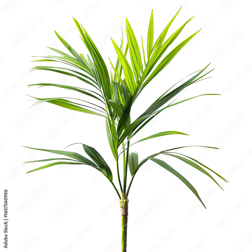 Fototapeta premium Palm Frond Growing in Sunlight, Close-up Studio Shot on Black Background