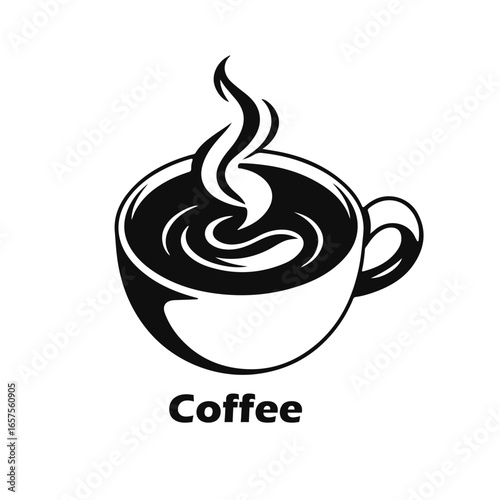 Hot coffee cup logo design, steaming drink icon, cafe beverage illustration, morning espresso symbol, black and white artwork