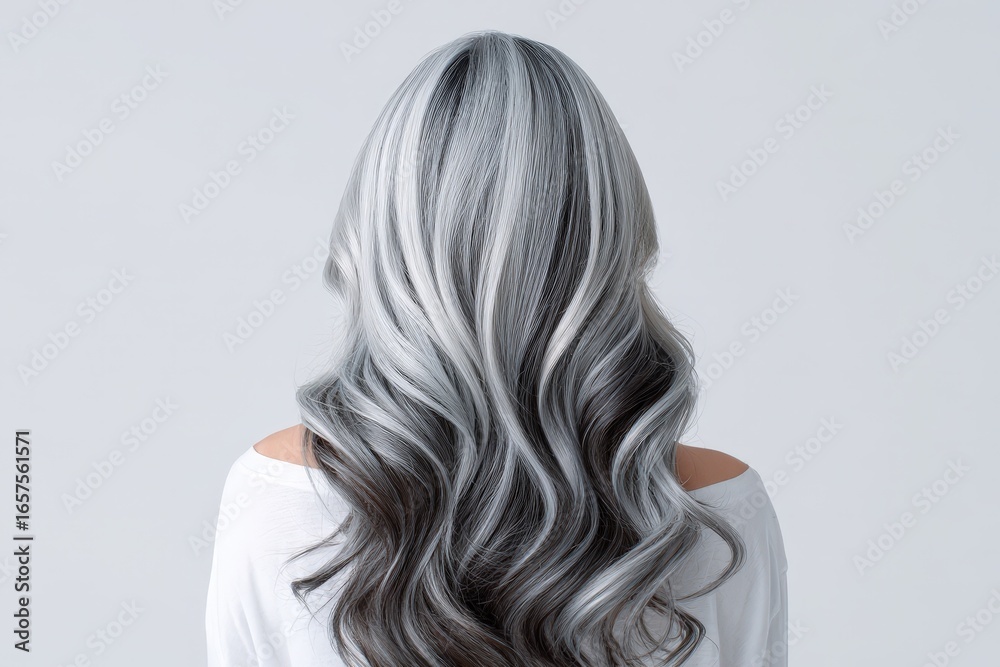 Fototapeta premium A woman's back view showcases beautifully styled, wavy hair with a striking ombre effect of gray and dark brown tones against a simple backdrop.